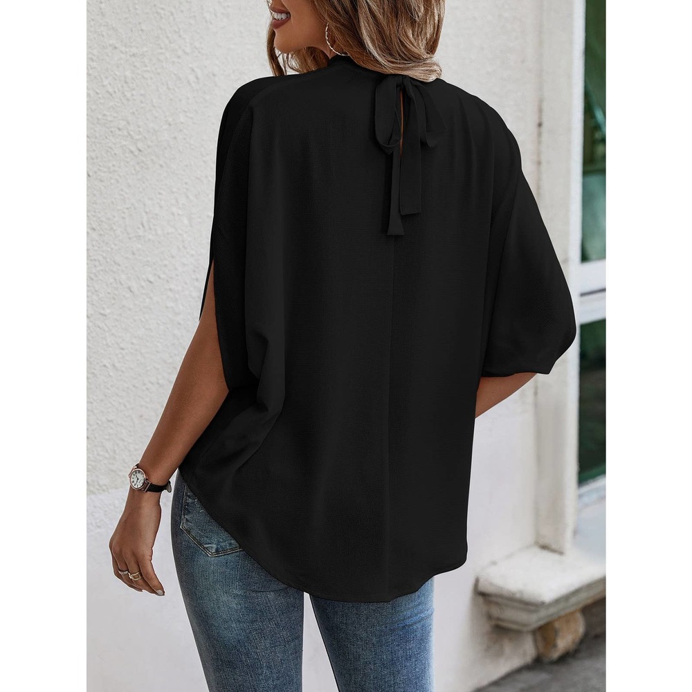 Tie Back Batwing Sleeve short sleeve Blouse black - Picture 2 of 11